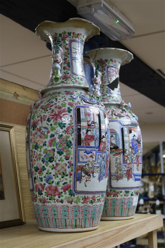A pair of 19th century Chinese famille rose vases height 61cm (both a.f.)